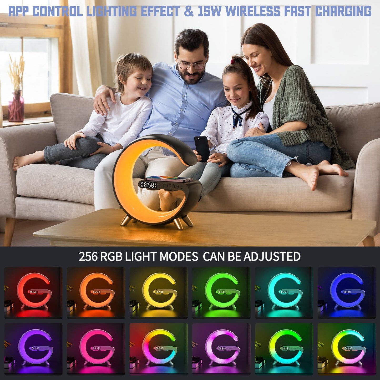 RGB Wireless Charging Night Light Clock with 256 Color Modes