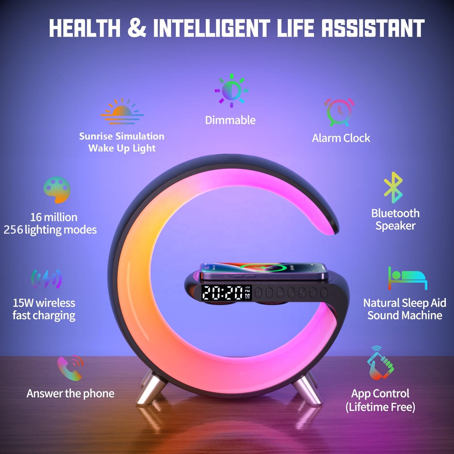 RGB Wireless Charging Night Light Clock with 256 Color Modes
