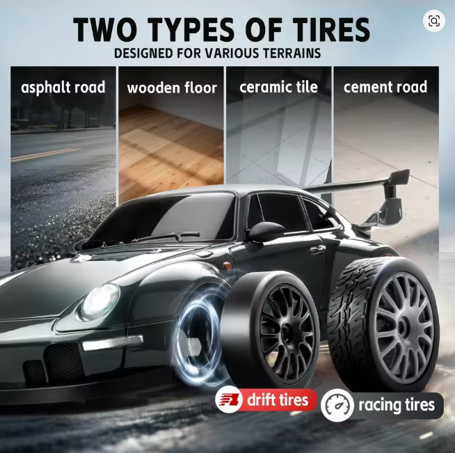 RC Drift Car with 4WD Working Headlights and Two Sets of Wheels