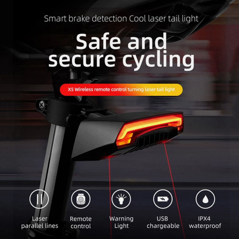 Supercar Style Rear Bike Light with Remote Turn Signals and Laser Guides